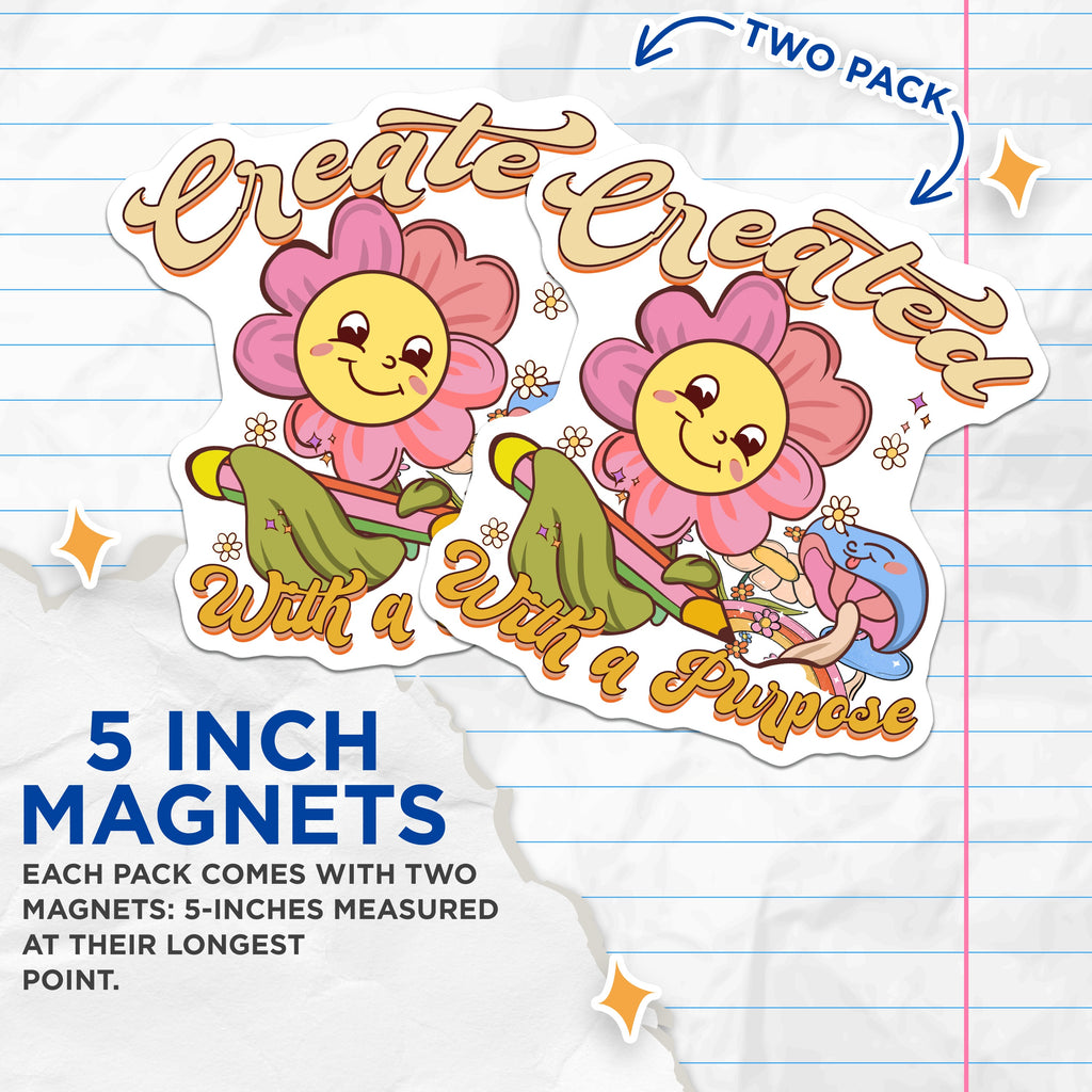 (2 Pack) Created with a Purpose Magnets - Retro Flower Mushroom Decor - Positive Affirmation Art for Fridge Locker Office - 5 Inches On Longest Side - Thick Durable Magnet - Made in USA - MAG39709