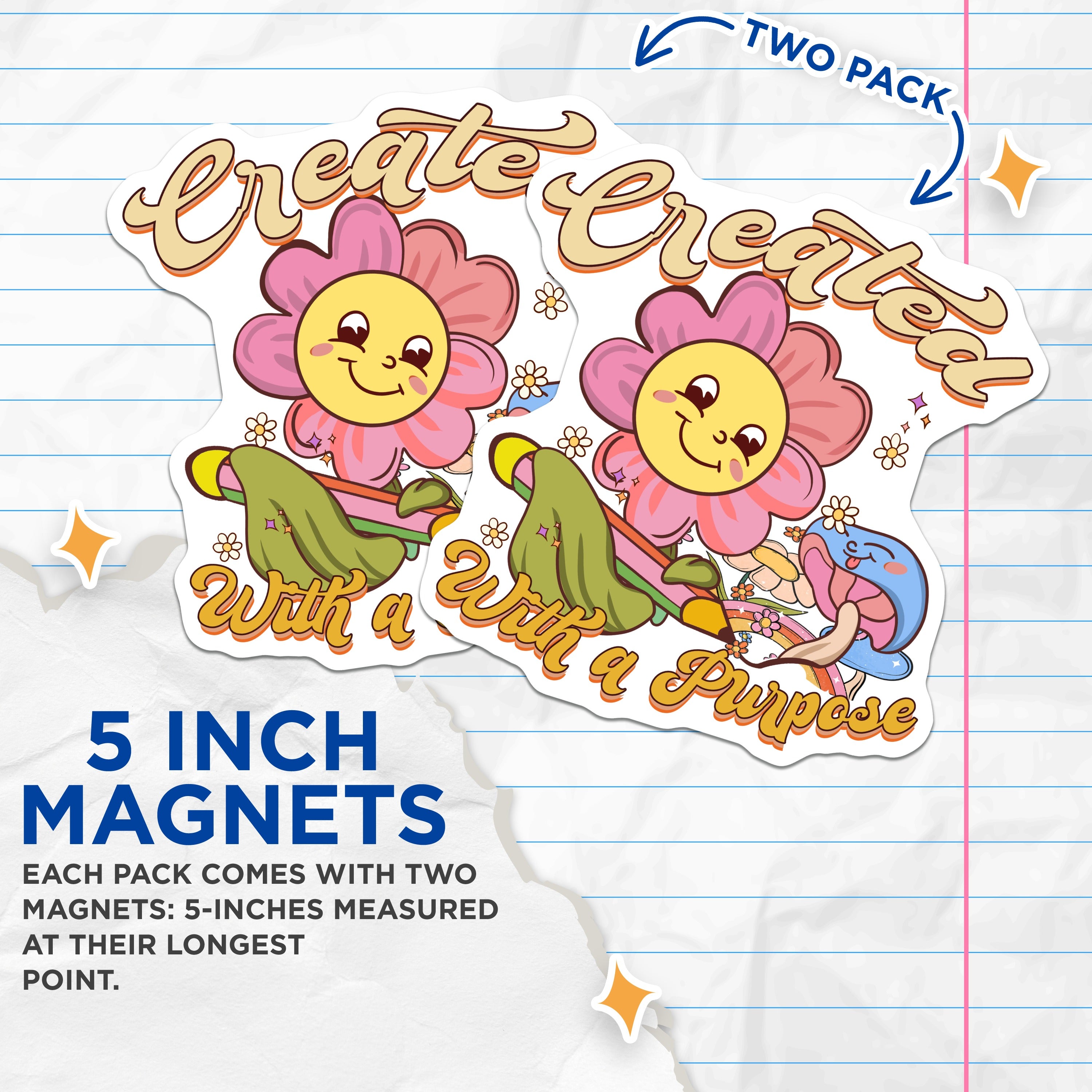 (2 Pack) Created with a Purpose Magnets - Retro Flower Mushroom Decor - Positive Affirmation Art for Fridge Locker Office - 5 Inches On Longest Side - Thick Durable Magnet - Made in USA - MAG39709