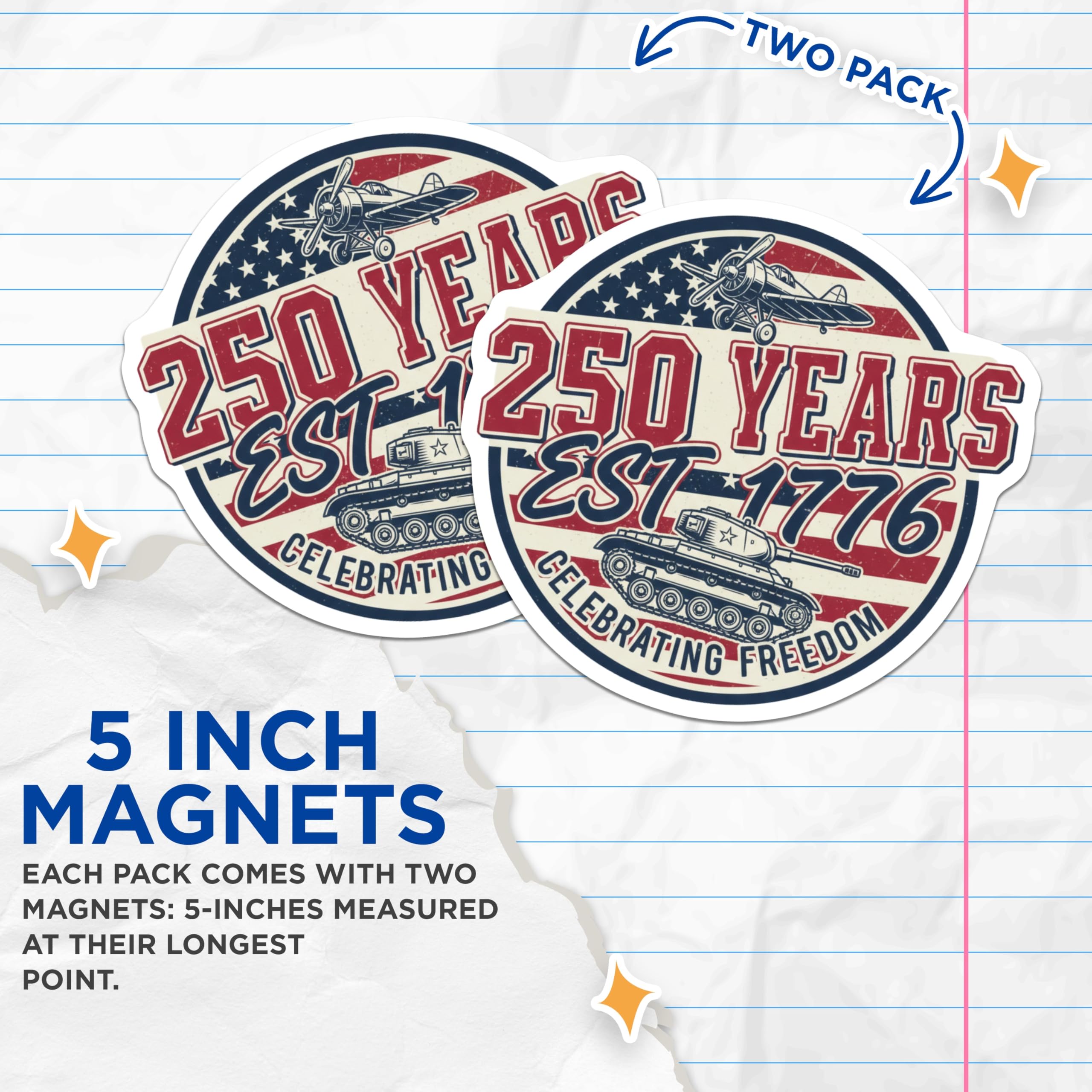 (2 Pack) 250 Years 1776 Magnets - Vintage Military Plane Tank - American Patriotic Decor - 5 Inches On Longest Side - Thick Durable Magnet - Made in USA - MAG30616