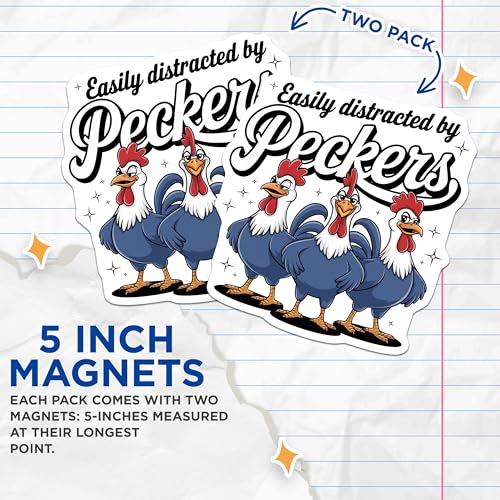 (2 Pack) Easily Distracted by Peckers Magnets - Funny Rooster Design - Farm Animal Humor - Fridge Decoration - Kitchen Fun - 5" On Longest Side - for Cars, Fridges, Toolboxes - Made in USA - MAG6680