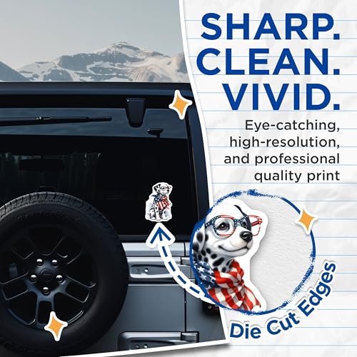 (2 Pack) Dalmatian Dog Stickers - Cute Puppy - American Flag Scarf - Playful Pet Decor - 5" On Longest Side - Sticks to Smooth Flat Surfaces - Made in USA - BMCS6440