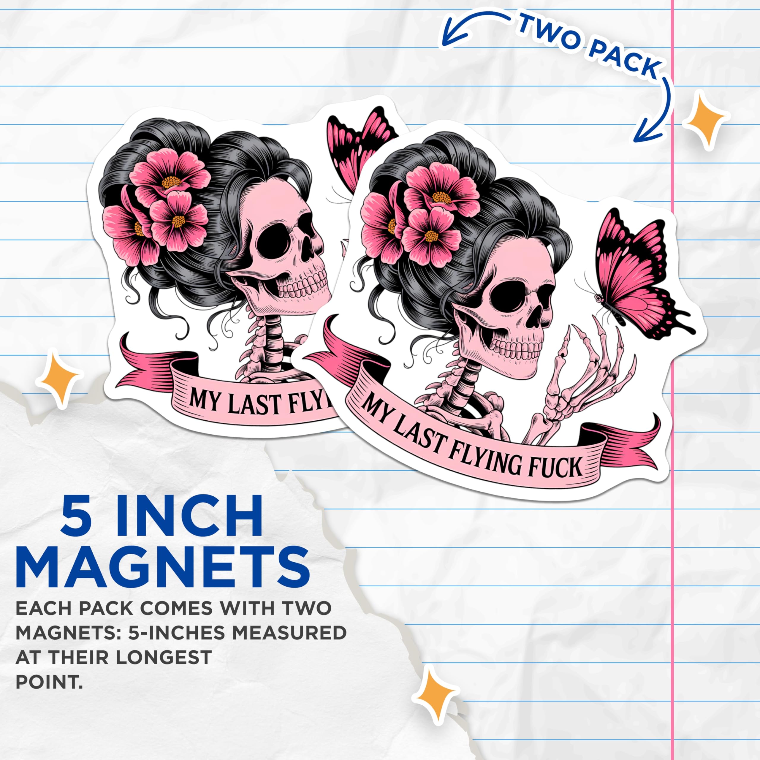 (2 Pack) Humorous Sarcastic Pink Skeleton Magnets - My Last Flying Fuck Quote - Gothic Floral Butterfly Skull Aesthetic Decor - 5 Inches On Longest Side - Thick Durable Magnet - Made in USA - MAG21492