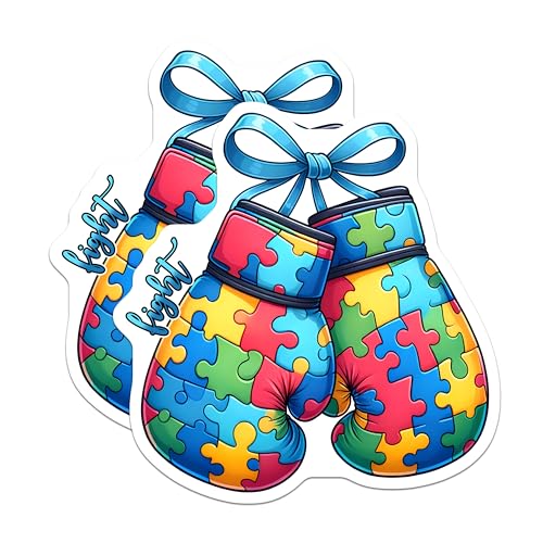 (2 Pack) Autism Awareness Stickers - Puzzle Piece Boxing Gloves Stickers - Fight for Autism Stickers - 5" On Longest Side - Sticks to Any Smooth Flat Surface - Made in USA - BMCS3205