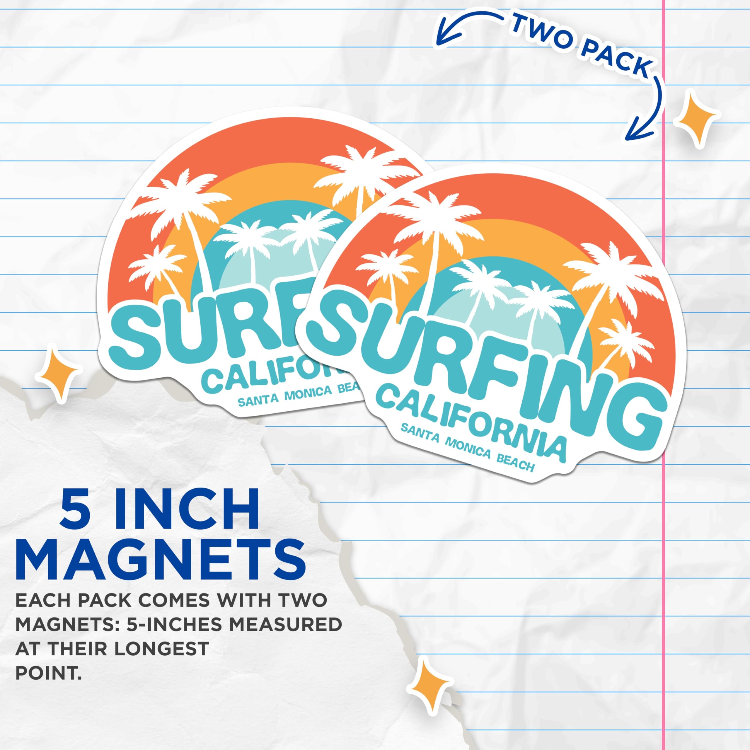 (2 Pack) Santa Monica Beach Magnets - Surfing California - Souvenir Magnet - 5" On Longest Side - Premium Magnet - for Cars, Refrigerators, Toolboxes, Lockers - Made in USA - MAG17162
