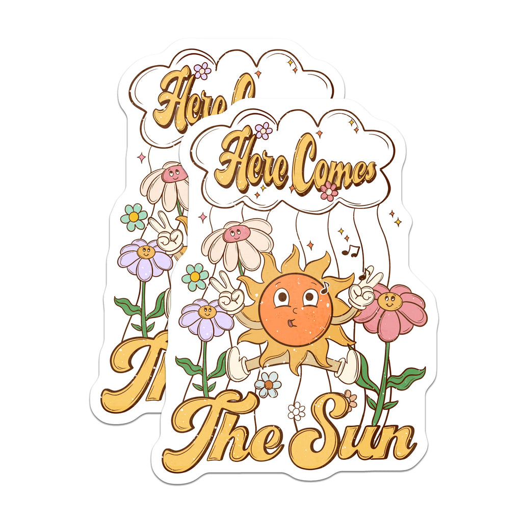 (2 Pack) Here Comes The Sun Magnets - Retro 70s Groovy Sun Flower - Peace Sign Aesthetic Decor - 5 Inches On Longest Side - Thick Durable Magnet - Made in USA - MAG39480