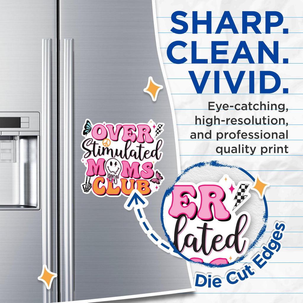 (2 Pack) Over Stimulated Moms Club Magnets - Funny Mom Magnets - Quirky Mom Decor- 5" On Longest Side - for Fridges, Toolboxes, Cars - Made in USA - MAG3023