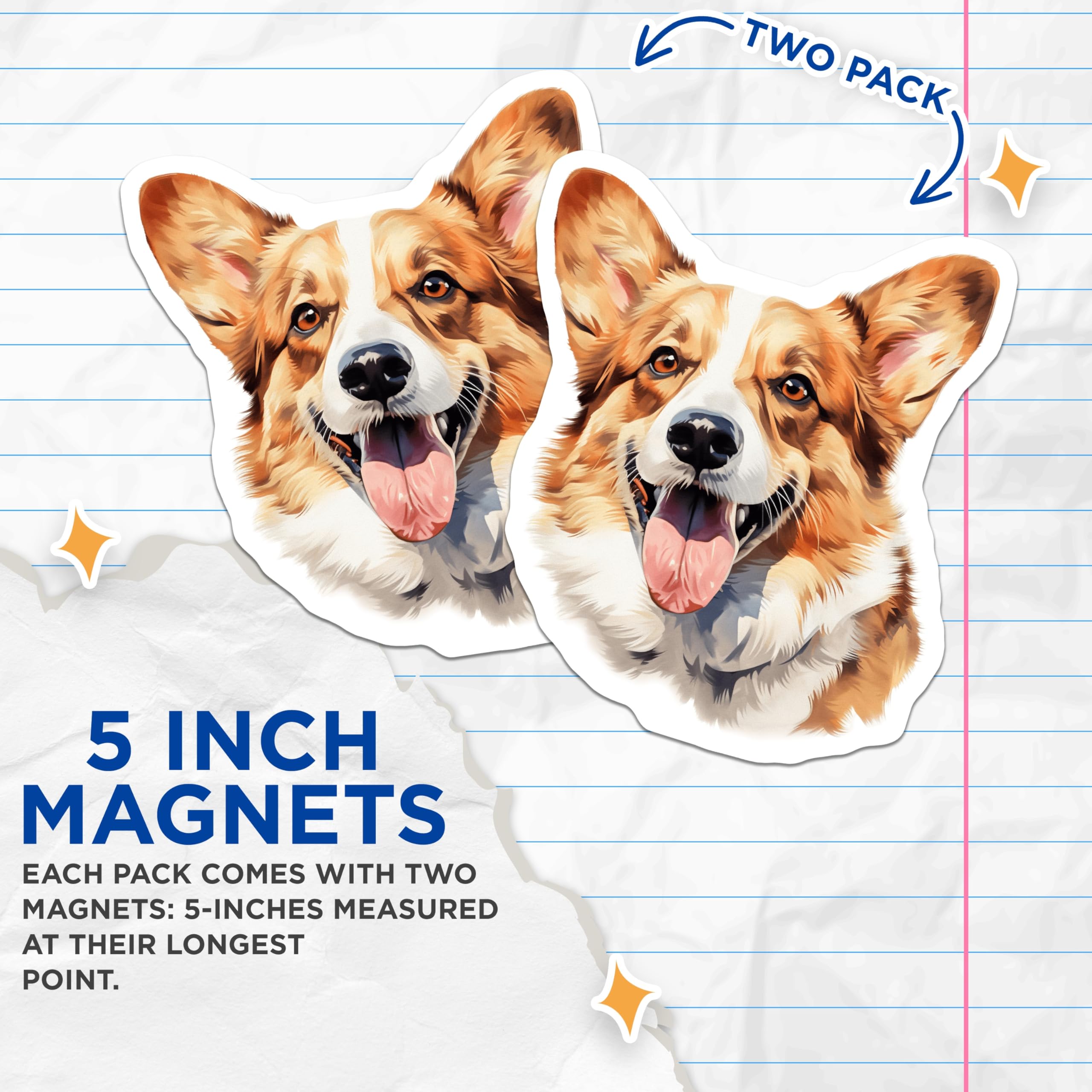 (2 Pack) Corgi Dog Magnets - Happy Puppy Face - Dog Mom Dad Accessory - Cute Animal Art for Fridge Locker - 5 Inches On Longest Side - Thick Durable Magnet - Made in USA - MAG28643