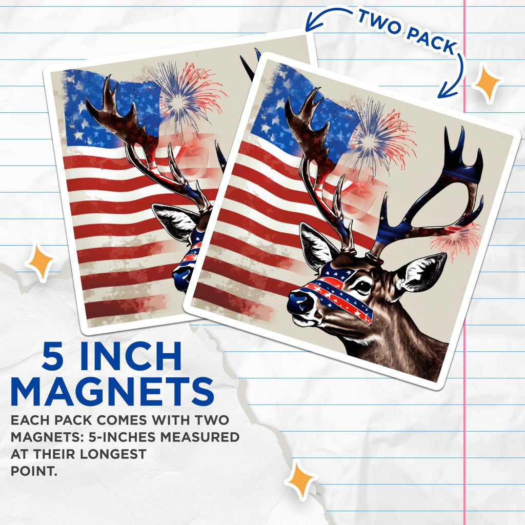(2 Pack) Patriotic Deer Magnets - American Flag Antlers Wildlife Art - 4th of July Independence Day Decor - USA Proud Hunter - 5 Inches On Longest Side - Thick Durable Magnet - Made in USA - MAG19545