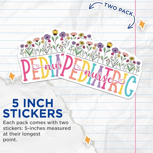(2 Pack) Pediatric Nurse Stickers - Cute Floral Nurse Sticker - Colorful Nurse Sticker for Nurses - 5" On Longest Side - Sticks to Smooth Flat Surfaces - Made in USA - BMCS9143