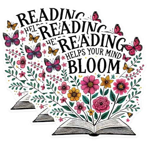 (3 Pack) Reading Helps Mind Decals - Floral Laptop Decal - Book Lover Stickers - 3 Inches On Longest Side - Easy Peel & Apply - Made in USA - 3MCS1574