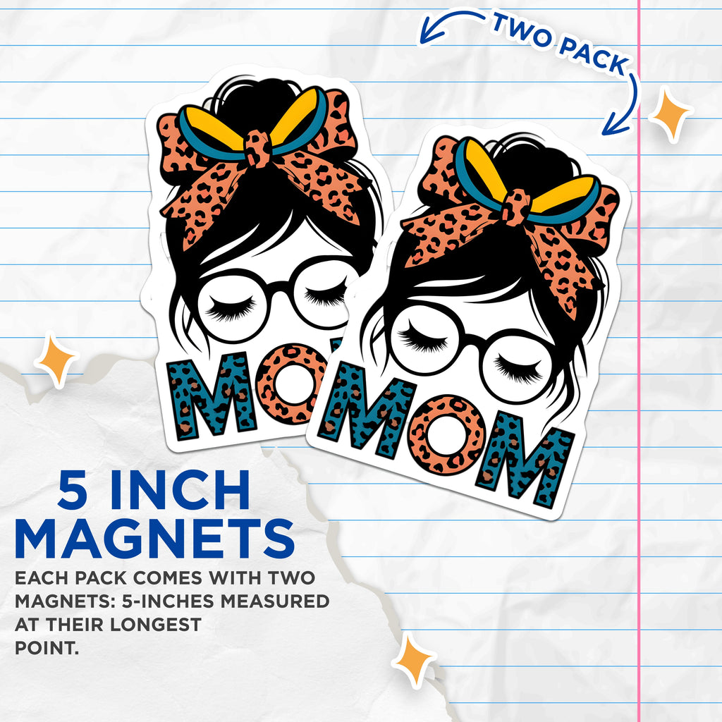 (2 Pack) Messy Bun Mom Life Magnets - Leopard Print Mama Refrigerator Decor - Mother's Day Present - 5 Inches On Longest Side - Thick Durable Magnet - Made in USA - MAG39975