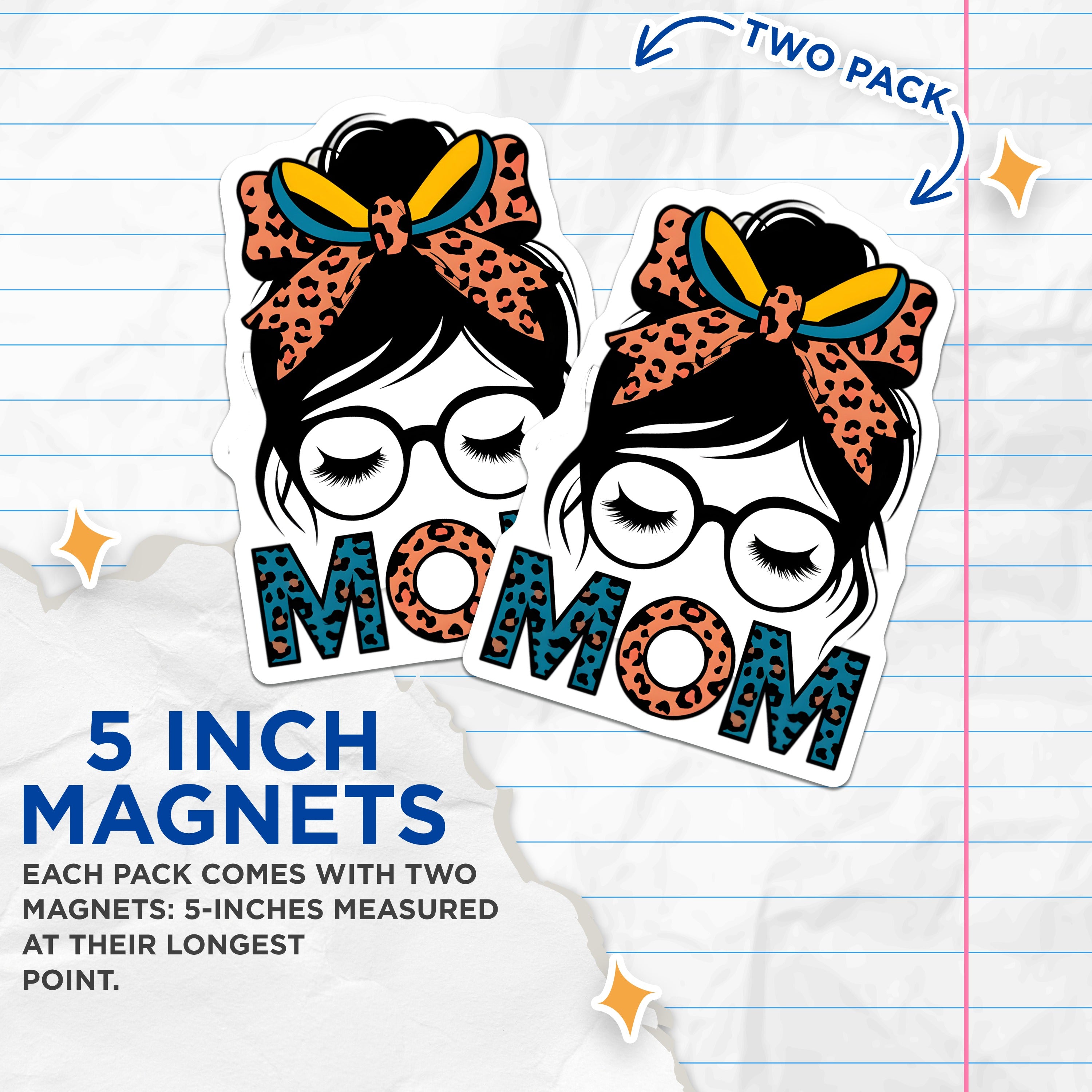 (2 Pack) Messy Bun Mom Life Magnets - Leopard Print Mama Refrigerator Decor - Mother's Day Present - 5 Inches On Longest Side - Thick Durable Magnet - Made in USA - MAG39975