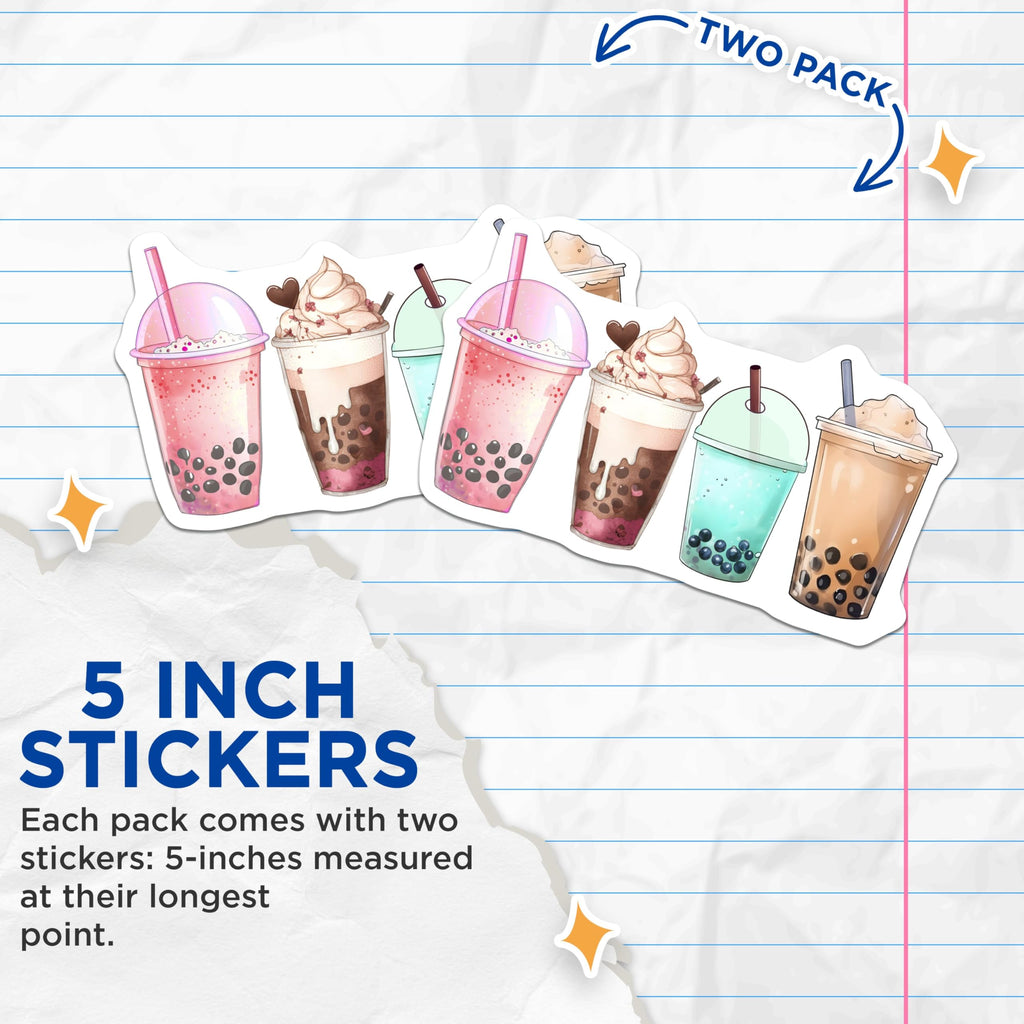 (2 Pack) Bubble Tea Stickers - Boba Drink Illustrations - Cute Kawaii Drink Decor - 5" On Longest Side - Sticks to Smooth Flat Surfaces - Made in USA - BMCS7750