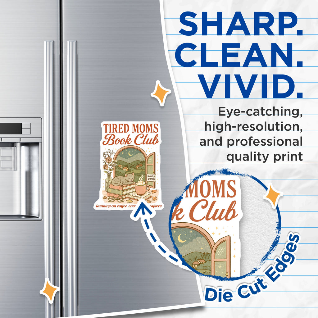 (2 Pack) Tired Moms Book Club Magnets - Cozy Reader Night Aesthetic - Cat Lover Home Refrigerator Decor - 5 Inches On Longest Side - Thick Durable Magnet - Made in USA - MAG39554