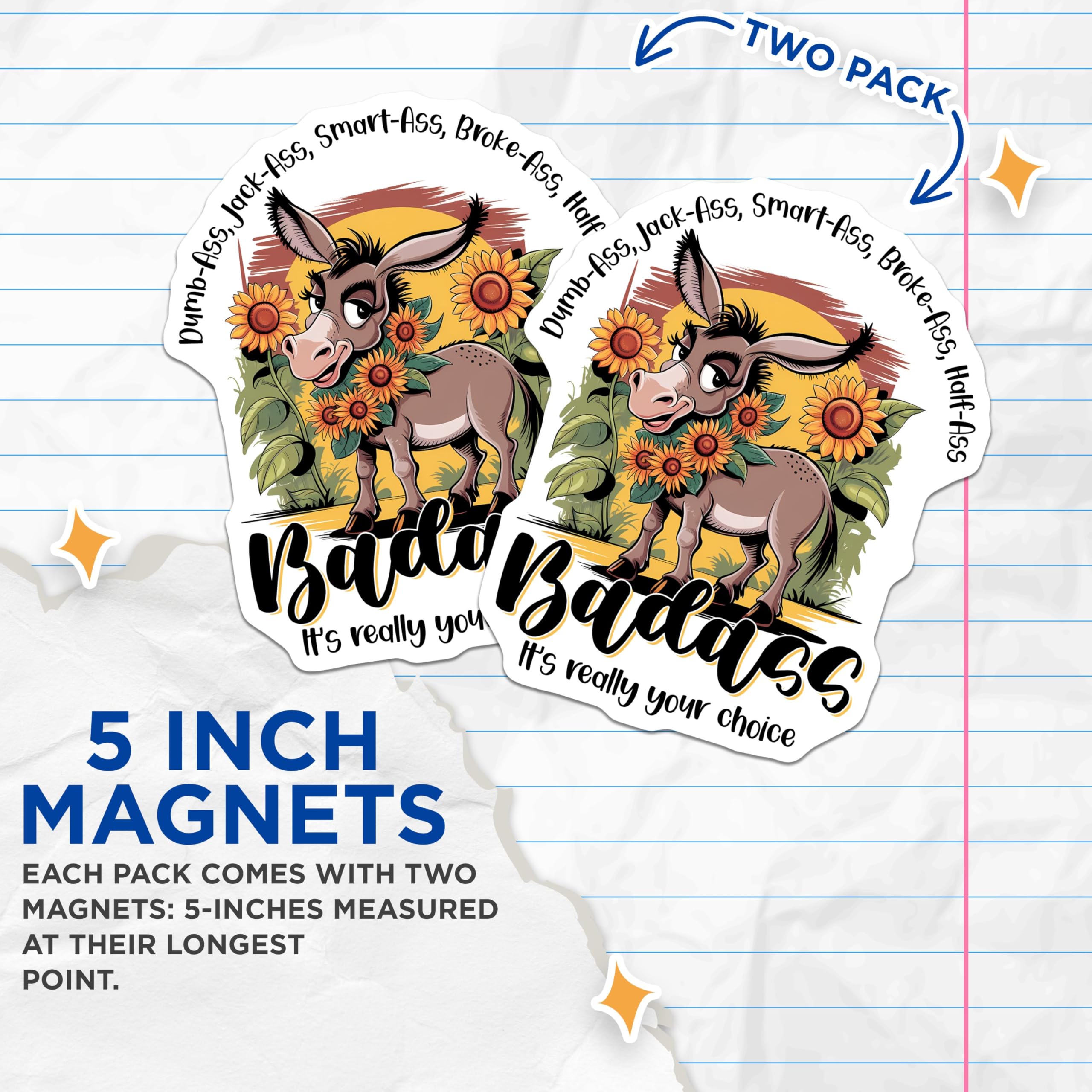 (2 Pack) Funny Ass Magnets - Badass Cartoon Donkey - Hilarious Animal - 5" On Longest Side - for Cars, Refrigerators, Toolboxes, Lockers - Made in USA BMCS3332