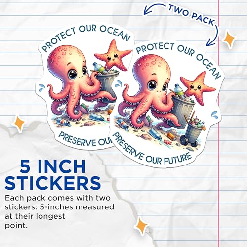 (2 Pack) Protect Our Ocean Stickers - Preserve Our Future - Environmental Awareness - 5" On Longest Side - Sticks to Smooth Flat Surfaces - Made in USA - BMCS7952