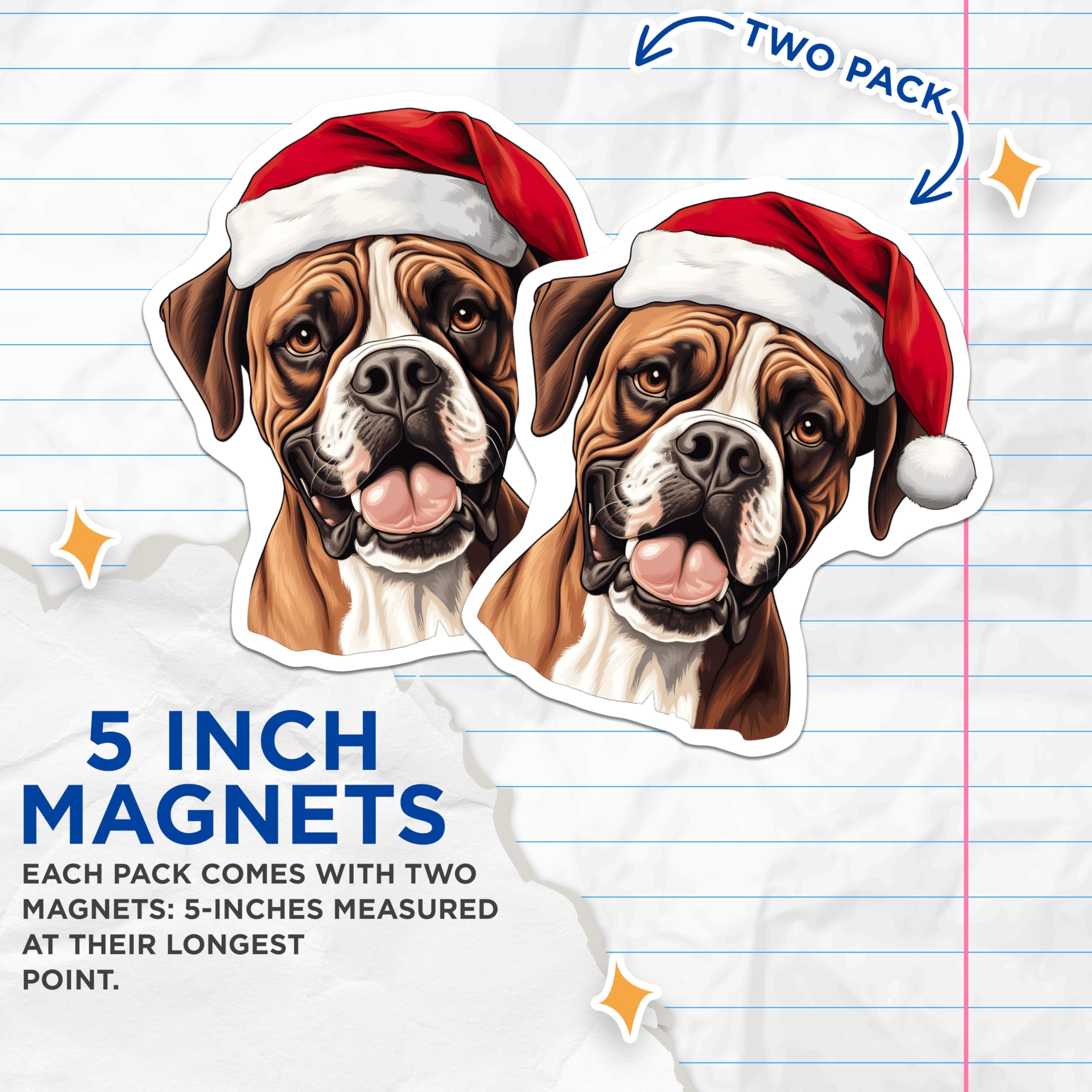 (2 Pack) Festive Boxer Dog Magnets - Christmas Pet Fridge Decoration - Santa Hat Canine Art for Animal Lovers - 5 Inches On Longest Side - Thick Durable Magnet - Made in USA - MAG24554