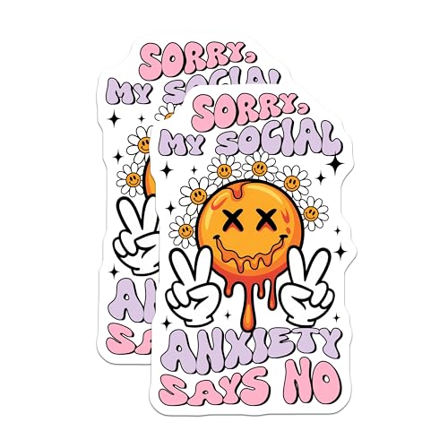 (2 Pack) Sorry My Social Anxiety Says No Stickers - Funny Mental Health Awareness - Cute Smiley Face Peace Sign - 5" On Longest Side - Sticks to Smooth Flat Surfaces - Made in USA - BMCS7671