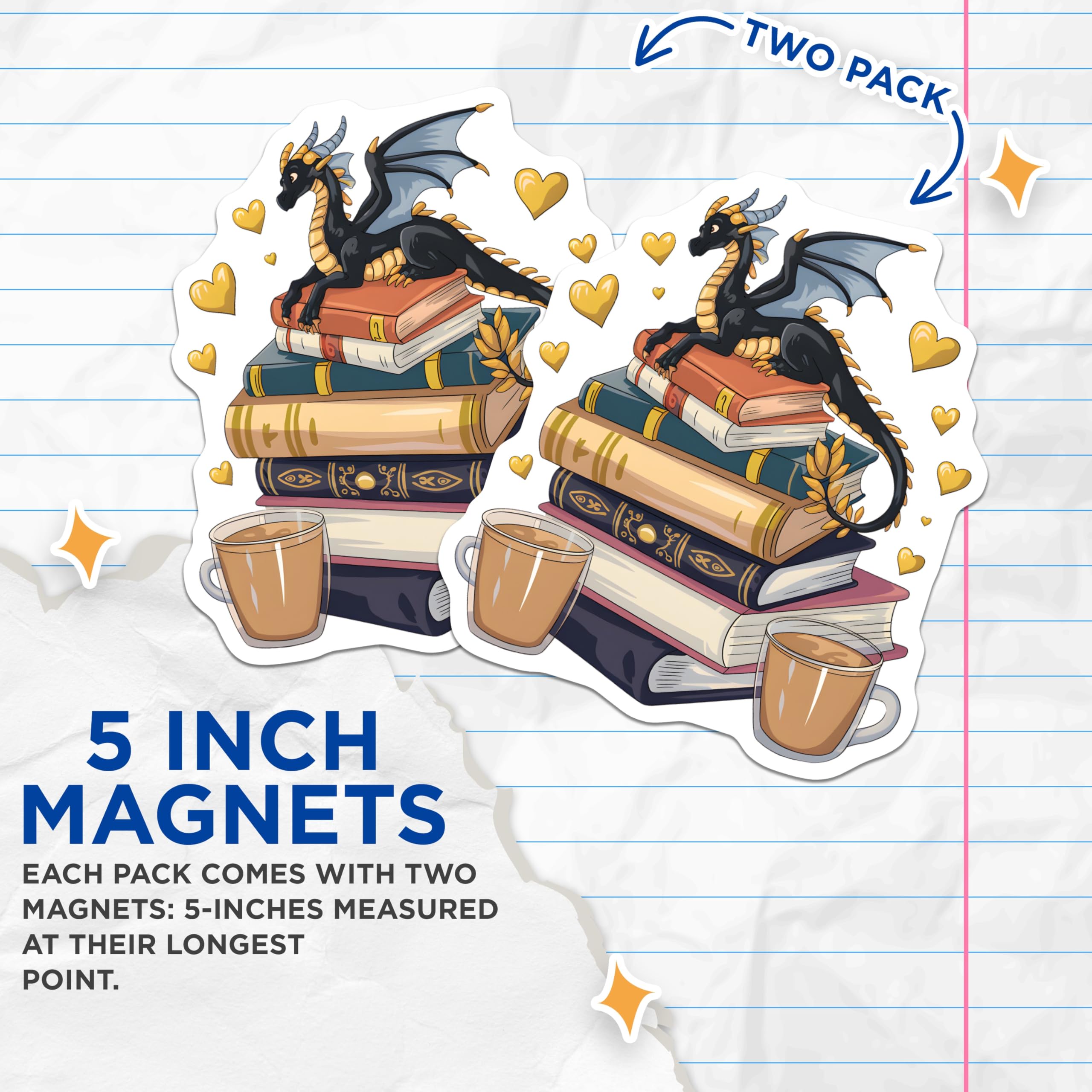 (2 Pack) Fantasy Black Dragon Magnets - Bookworm Reading Decor - Coffee Lover Kitchen Art - Mythical Creature Magnetic Charm - 5 Inches On Longest Side - Thick Durable Magnet - Made in USA - MAG21007