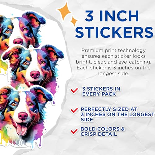 (3 Pack) Australian Shepherd Decals - Colorful Dog Art - Laptop Decal - 3 Inches On Longest Side - Easy Peel & Apply - Made in USA - 3MCS0657