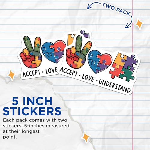 (2 Pack) Autism Awareness Stickers - Peace Love Understand - Puzzle Piece Stickers - 5" On Longest Side - Sticks to Smooth Flat Surfaces - Made in USA - BMCS9814