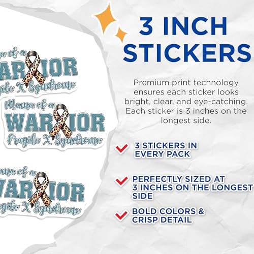 (3 Pack) Fragile X Syndrome Decals - Warrior Mama - Awareness Ribbon Decals - 3 Inches On Longest Side - Easy Peel & Apply - Made in USA - 3MCS6973