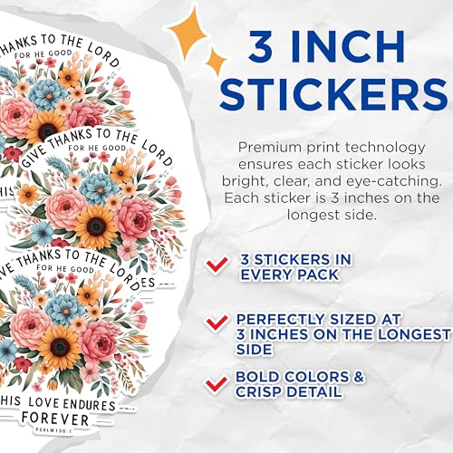 (3 Pack) Floral Christian Decals - Religious Laptop Decal - Bible Verse Stickers - 3 Inches On Longest Side - Easy Peel & Apply - Made in USA - 3MCS1631