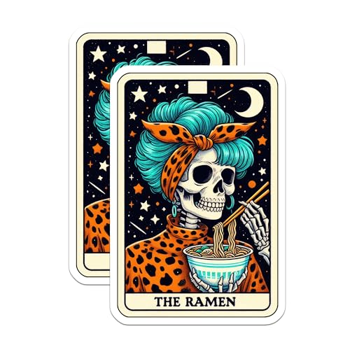 (2 Pack) Skull Eating Ramen Stickers - Retro Skull Art - Funny Skeleton Stickers - 5" On Longest Side - Sticks to Smooth Flat Surfaces - Made in USA - BMCS5486