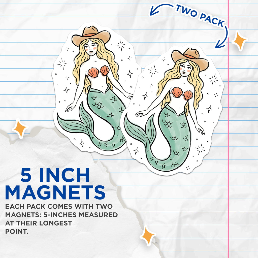 (2 Pack) Cowgirl Mermaid Magnets - Western Art - Fantasy Home Decor - 5" On Longest Side - Premium Magnet - for Cars, Refrigerators, Toolboxes, Lockers - Made in USA - MAG16283