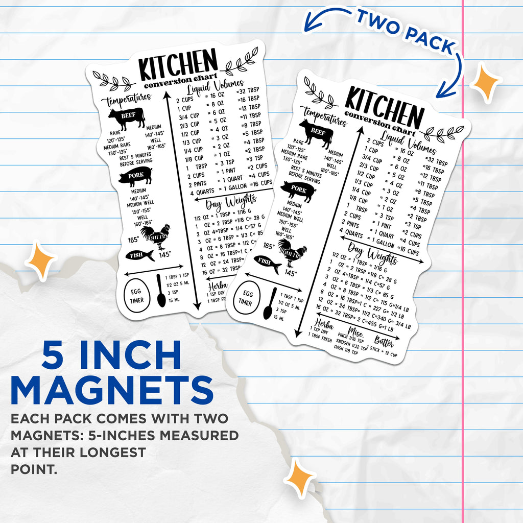 (2 Pack) Kitchen Conversion Chart Magnets - Cooking Measurement Guide - Meat Temperature Helper - Recipe Essential Home Cooks - 5 Inches On Longest Side - Thick Durable Magnet - Made in USA - MAG37651