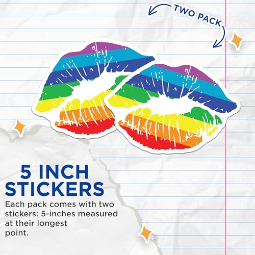 (2 Pack) Rainbow Pride Lipstick Kiss Stickers - LGBTQ Pride Stickers - Colorful Lipstick Kiss Decal - 5" On Longest Side - Sticks to Smooth Flat Surfaces - Made in USA - BMCS5147
