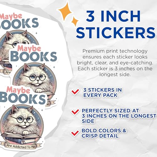 (3 Pack) Book Lover Cat Decals - Maybe Books - Reading Cat - Laptop Decals- 3 Inches On Longest Side - Easy Peel & Apply - Made in USA - 3MCS5161