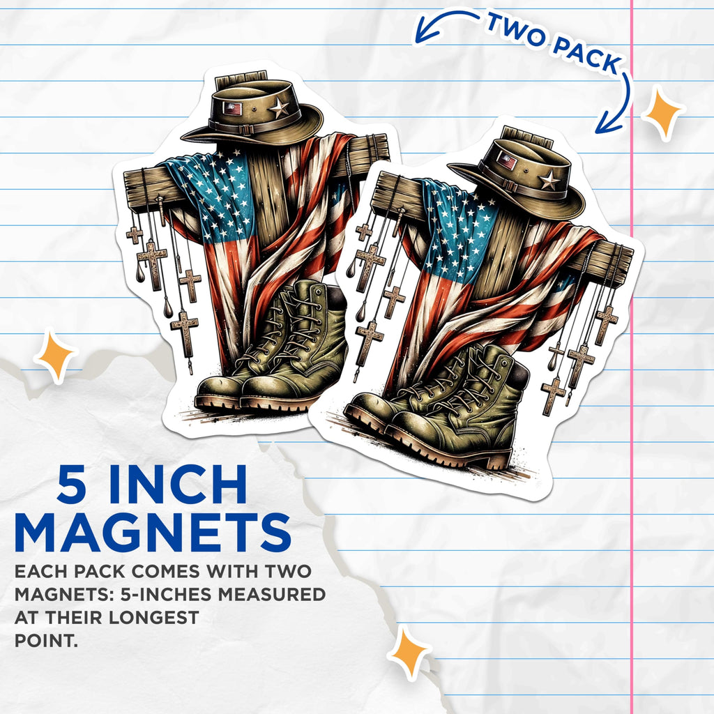 (2 Pack) Patriotic Military Magnets - American Flag Gear - Veteran Hat Boots Decor - 5" On Longest Side - Premium Magnet - for Cars, Refrigerators, Toolboxes, Lockers - Made in USA - MAG14593