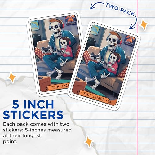 (2 Pack) Gamer Skeleton Stickers - Father and Son Gaming Stickers - Creepy Funny Family Artwork Stickers - 5" On Longest Side - Sticks to Smooth Flat Surfaces - Made in USA - BMCS4459