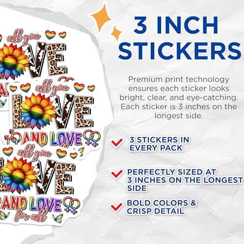 (3 Pack) LGBTQ Pride Decals - All You Need is Love - Rainbow Sunflower - Laptop Decal - 3 Inches On Longest Side - Easy Peel & Apply - Made in USA - 3MCS8428