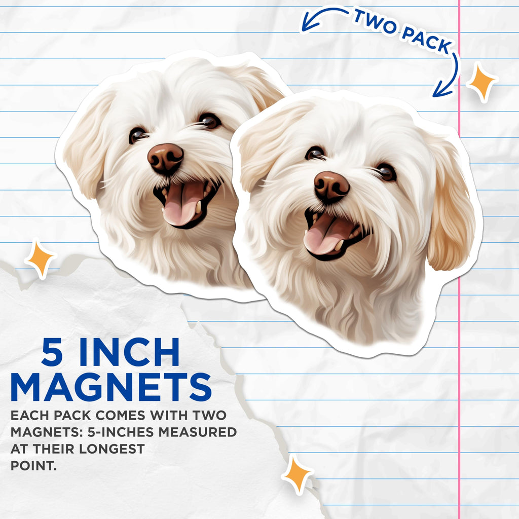 (2 Pack) Happy White Dog Magnets - Cute Pet Art Decor - Animal Lover Accessory - 5 Inches On Longest Side - Thick Durable Magnet - Made in USA - MAG29119