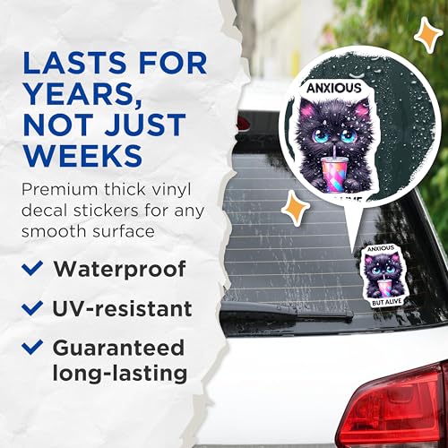 (2 Pack) Anxious But Alive Stickers - Cute Cat Stickers - Funny Animal Stickers - Motivational Phrase Stickers - 5" On Longest Side - Sticks to Smooth Flat Surfaces - Made in USA - BMCS4592