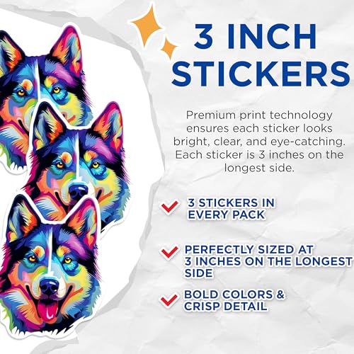 (3 Pack) Colorful Husky Decals - Laptop Stickers - Dog Breed Art - 3 Inches On Longest Side - Easy Peel & Apply - Made in USA - 3MCS0832