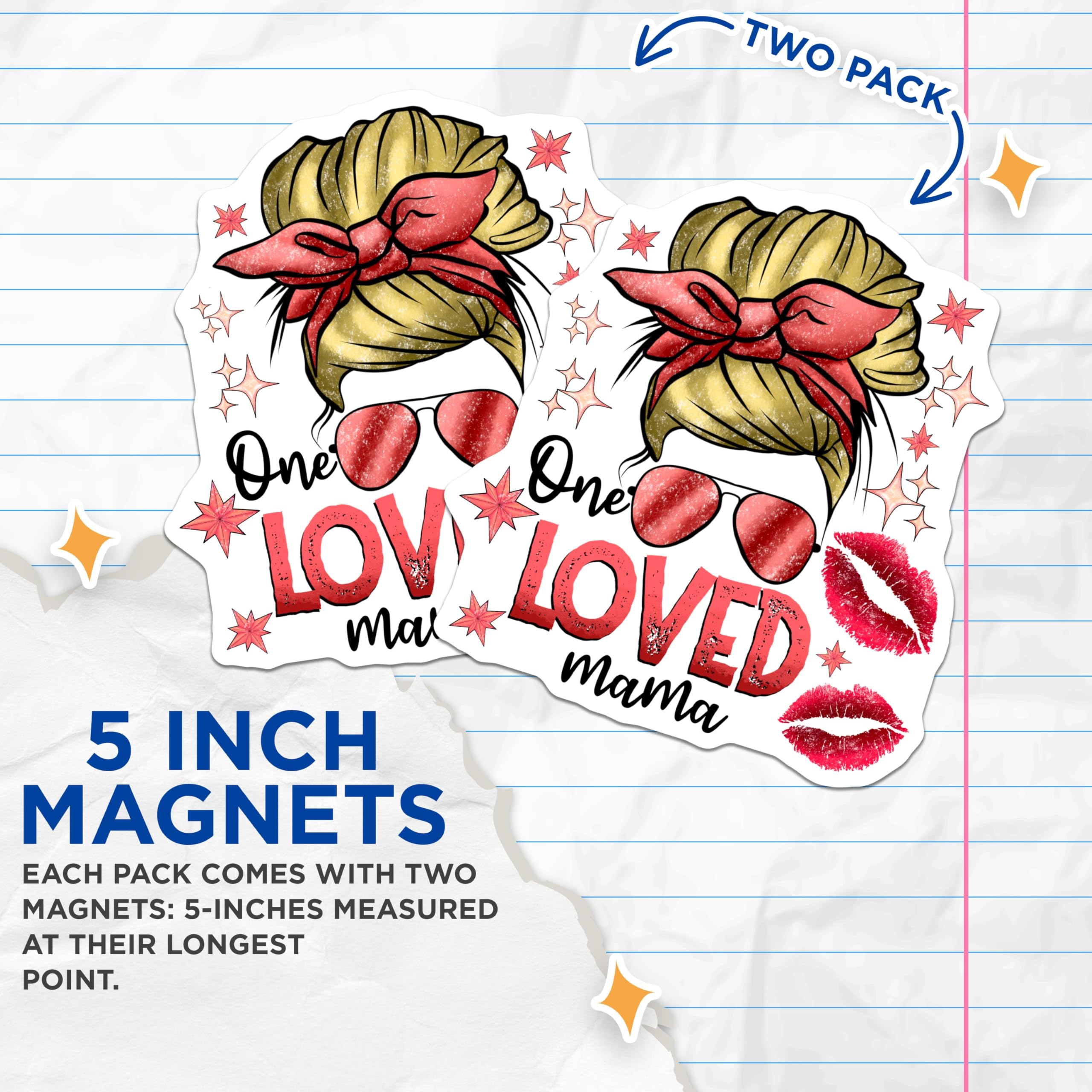 (2 Pack) One Loved Mama Magnets - Messy Bun Mom Life - Cool Mom Fridge Decorations - 5 Inches On Longest Side - Thick Durable Magnet - Made in USA - MAG28851