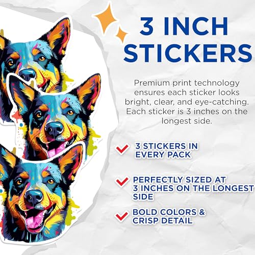 (3 Pack) Australian Cattle Dog Decals - Colorful Heeler Decal - Laptop Decals - 3 Inches On Longest Side - Easy Peel & Apply - Made in USA - 3MCS0631