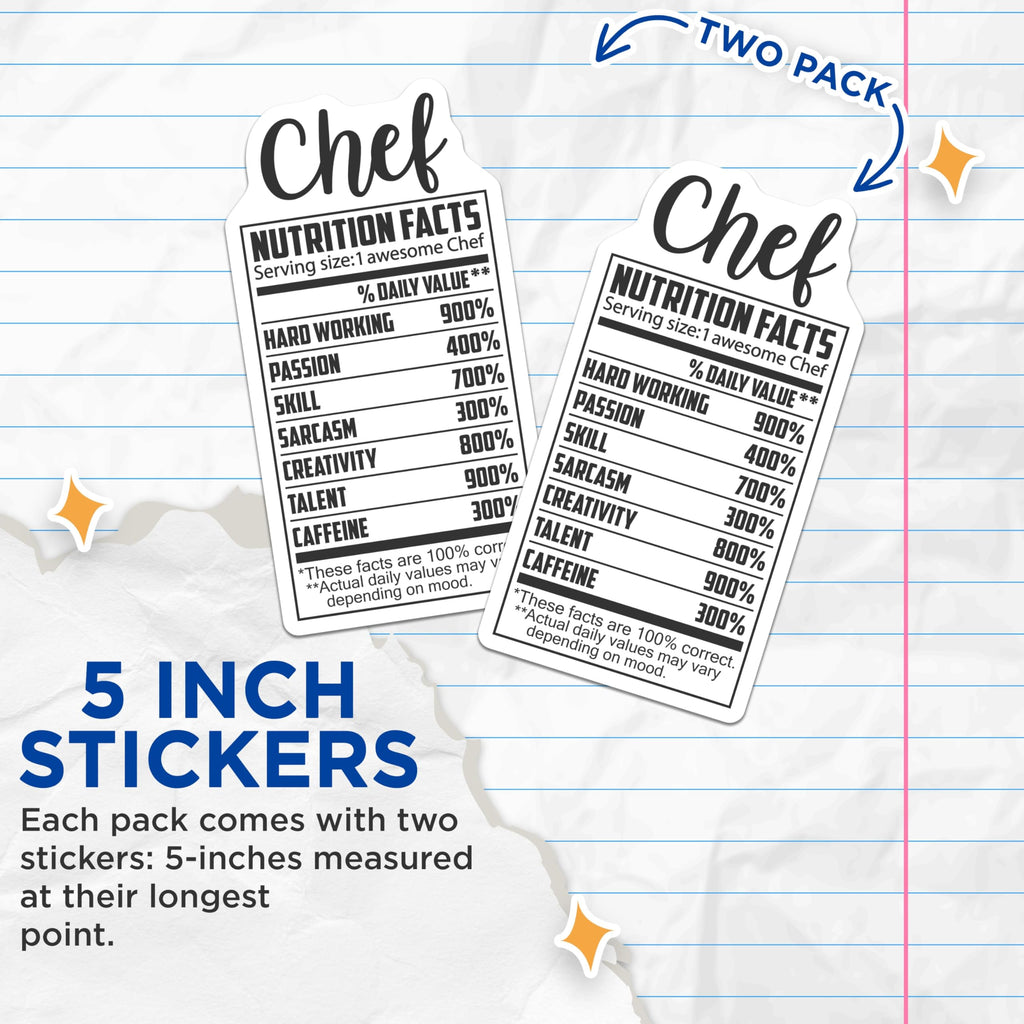 (2 Pack) Chef Nutrition Facts Stickers - Awesome Chef Stickers - Chef Skills Stickers - 5" On Longest Side - Sticks to Smooth Flat Surfaces - Made in USA - BMCS14279