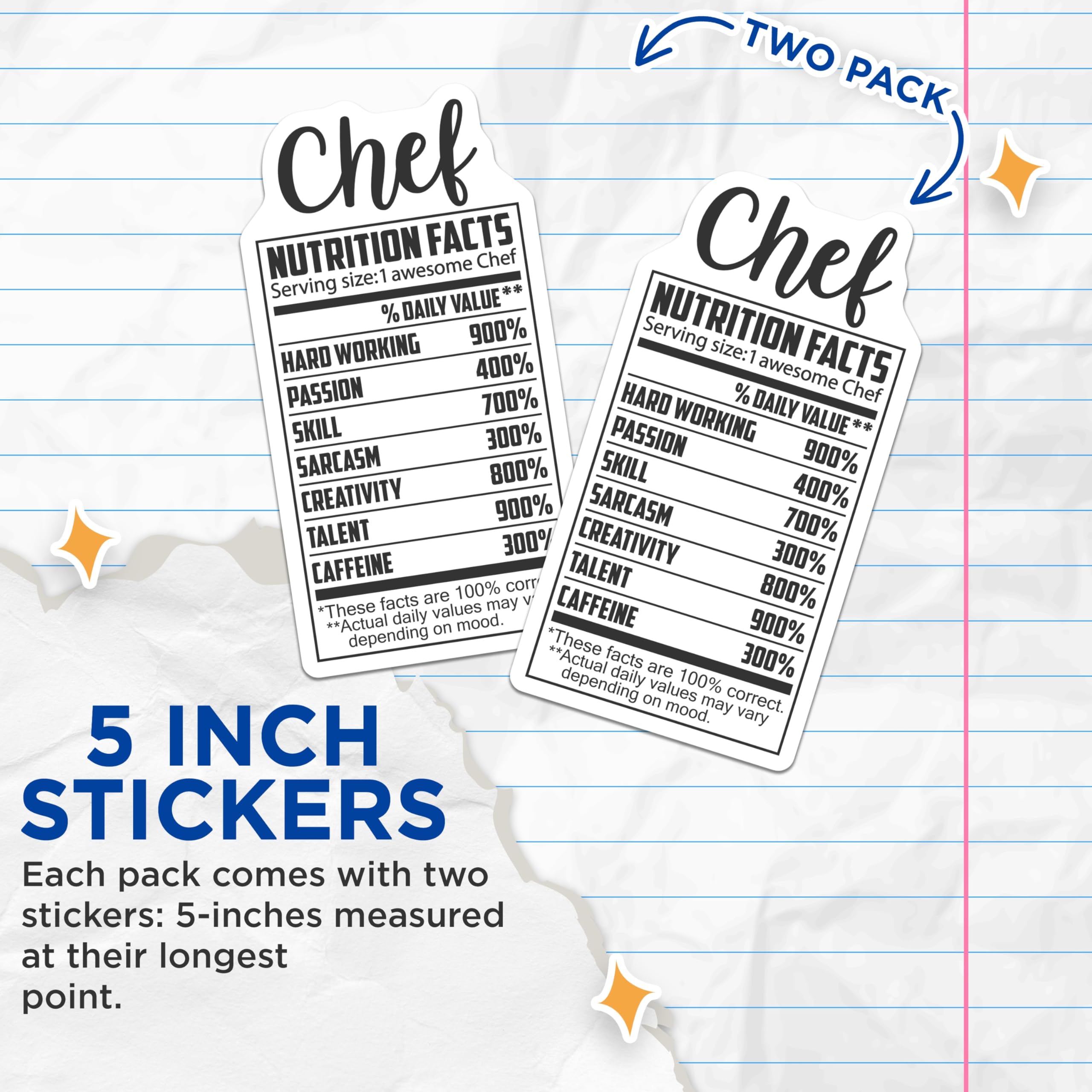 (2 Pack) Chef Nutrition Facts Stickers - Awesome Chef Stickers - Chef Skills Stickers - 5" On Longest Side - Sticks to Smooth Flat Surfaces - Made in USA - BMCS14279