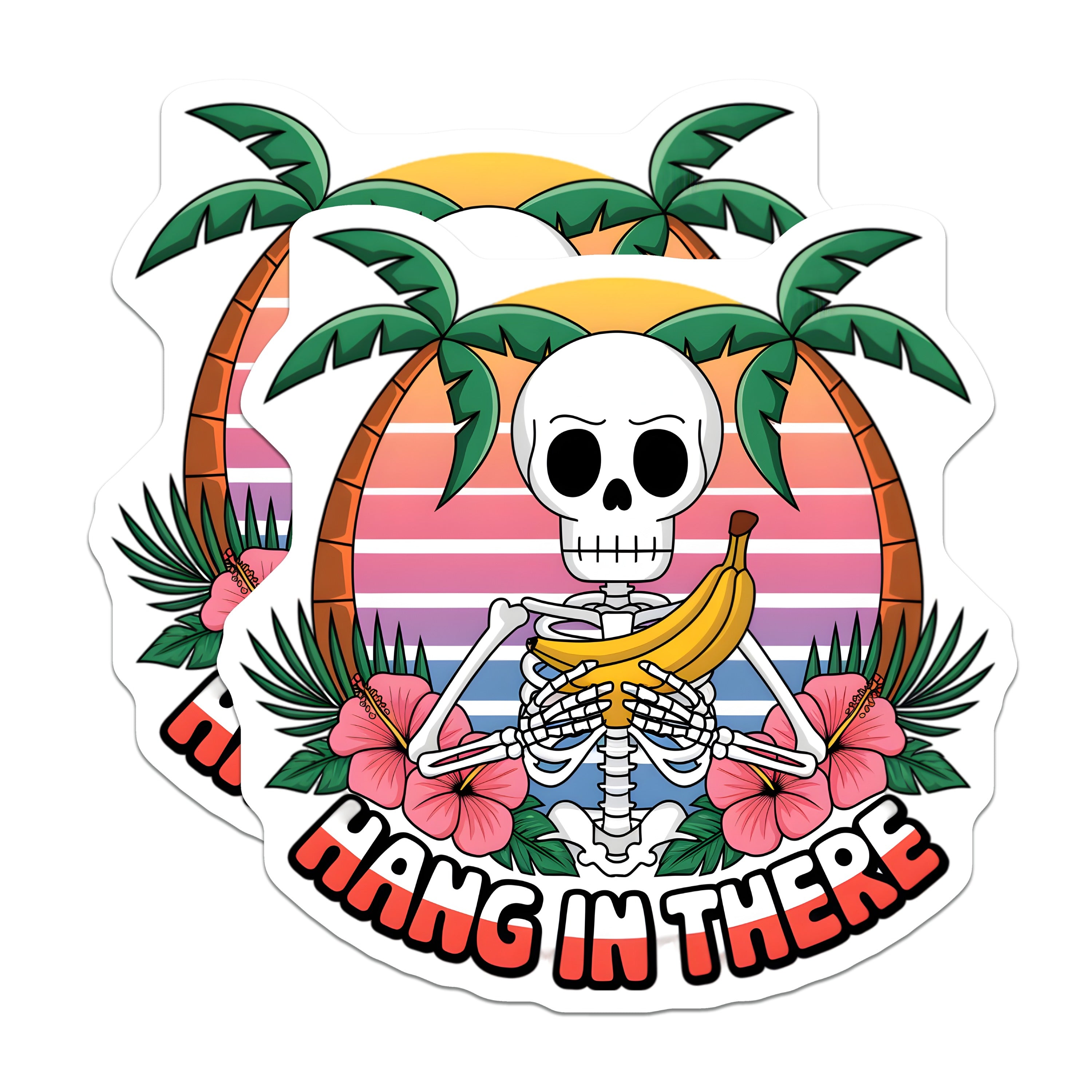 (2 Pack) Hang in There Skeleton Magnets - Funny Banana Skull Decor - Retro Tropical Sunset Vibe - Motivational Message - 5 Inches On Longest Side - Thick Durable Magnet - Made in USA - MAG37776
