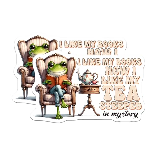 (2 Pack) Frog Reading Stickers - Book Lover - Reading Tea - Literary - Cozy - 5" On Longest Side - Sticks to Smooth Flat Surfaces - Made in USA - BMCS8311