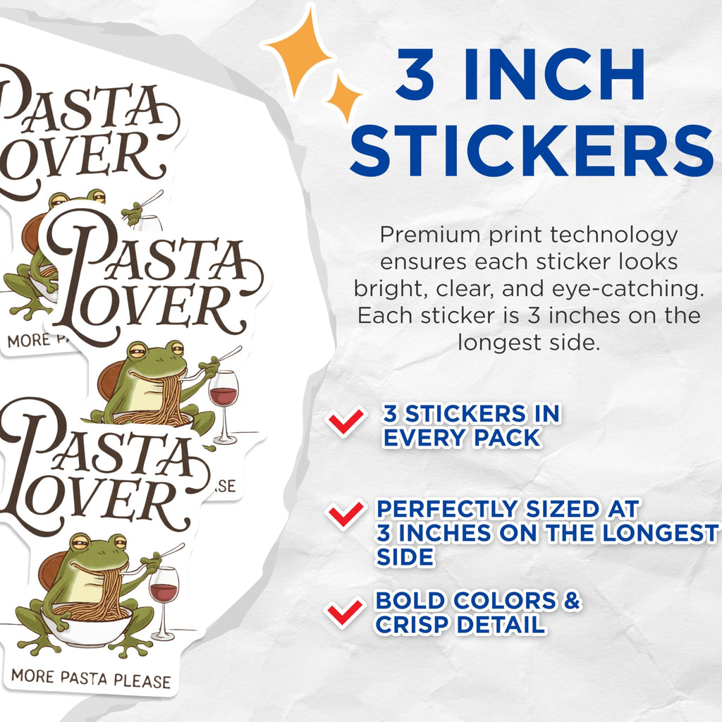 (3 Pack) Pasta Lover Frog Decals - Funny Frog Stickers - Foodie Decal - 3 Inches On Longest Side - Easy Peel & Apply - Made in USA - 3MCS2980
