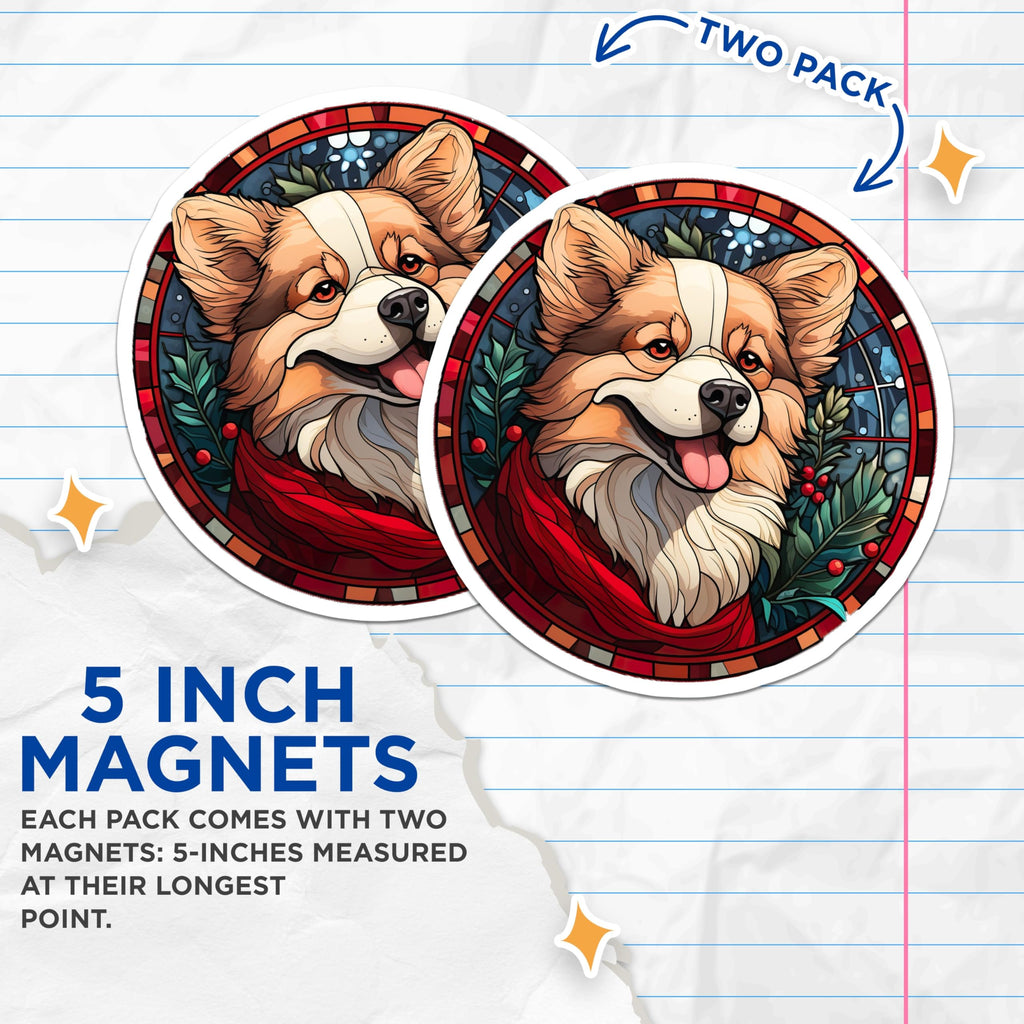 (2 Pack) Corgi Dog Magnets - Stained Glass Art - Holiday Christmas Decor - Pet Lover Refrigerator Magnets - 5 Inches On Longest Side - Thick Durable Magnet - Made in USA - MAG28816