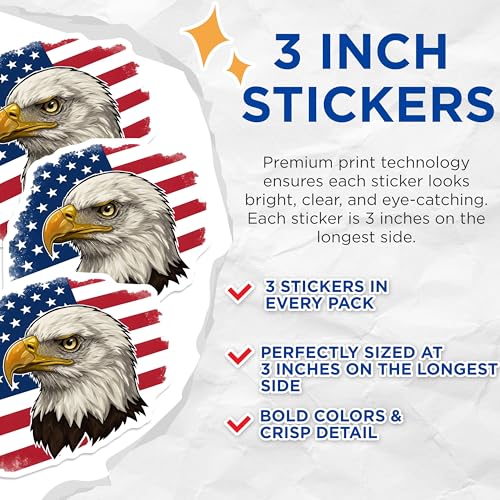 (3 Pack) Eagle American Flag Decals - Patriotic USA - Laptop Stickers - 3 Inches On Longest Side - Easy Peel & Apply - Made in USA - 3MCS8716