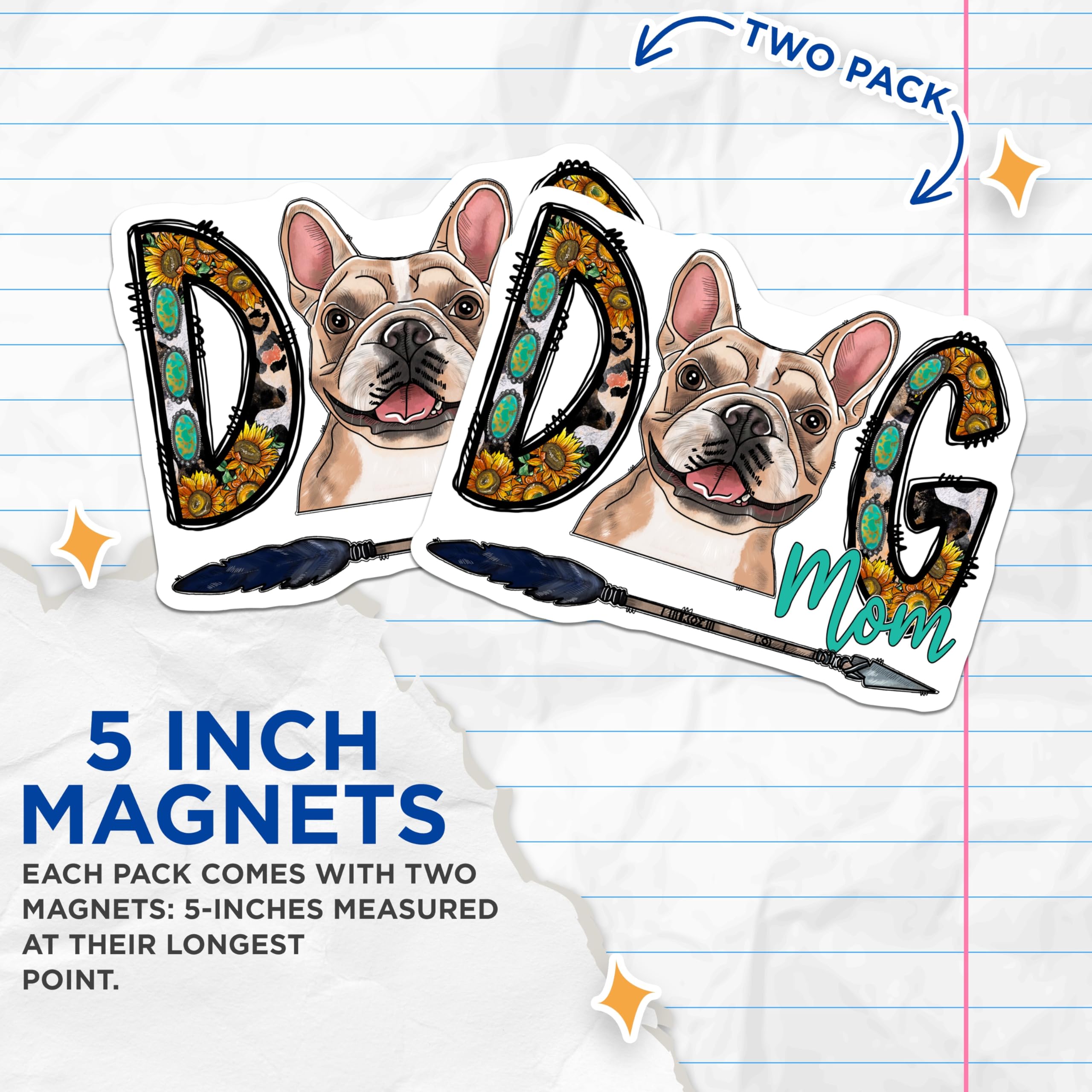 (2 Pack) French Bulldog Dog Mom Magnets - Western Boho Sunflowers - Leopard Turquoise Arrow Decor - 5 Inches On Longest Side - Thick Durable Magnet - Made in USA - MAG28124
