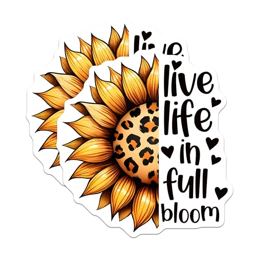 (2 Pack) Live Life in Full Bloom Stickers - Sunflower - Inspirational Quote - Leopard Print - 5" On Longest Side - Sticks to Smooth Flat Surfaces - Made in USA - BMCS7980