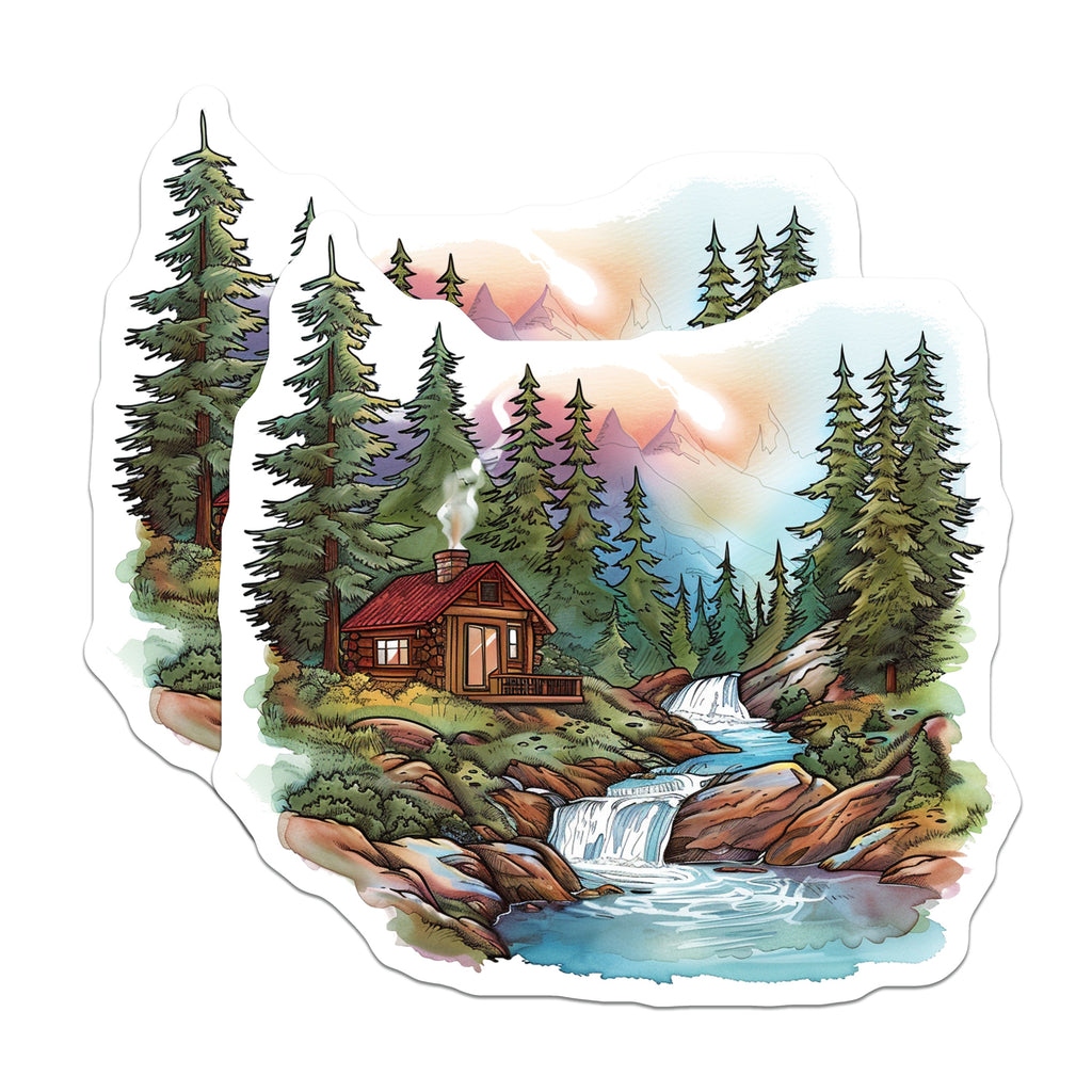(2 Pack) Mountain Cabin Magnets - Waterfall Forest Scene - Rustic Nature Landscape Art - Refrigerator Decor - 5 Inches On Longest Side - Thick Durable Magnet - Made in USA - MAG36168